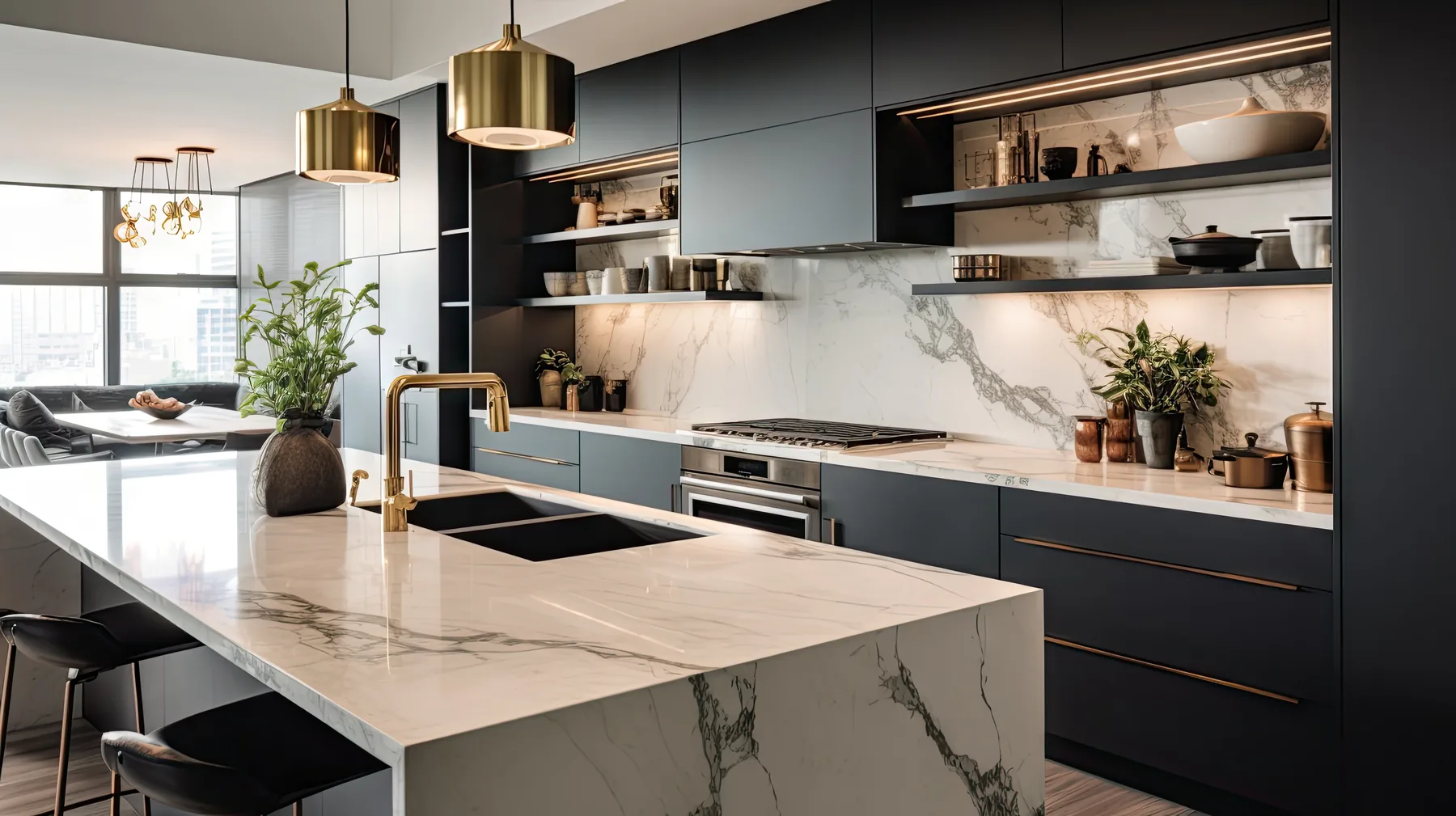 Black gloss and timber kitchen
