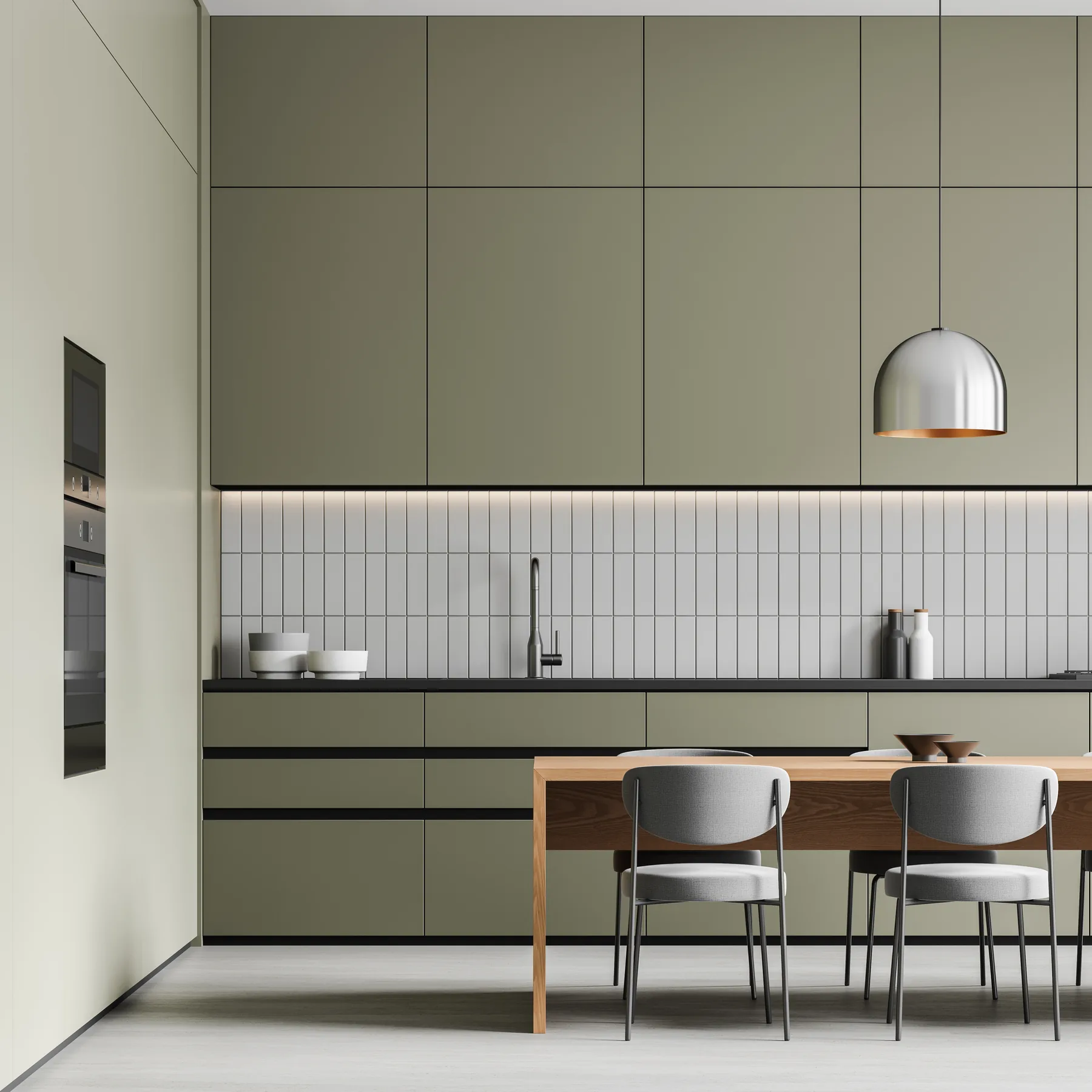 Olive gloss slab kitchen