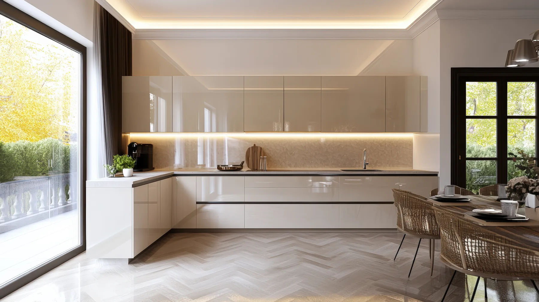 Open-plan timber flat pack kitchen