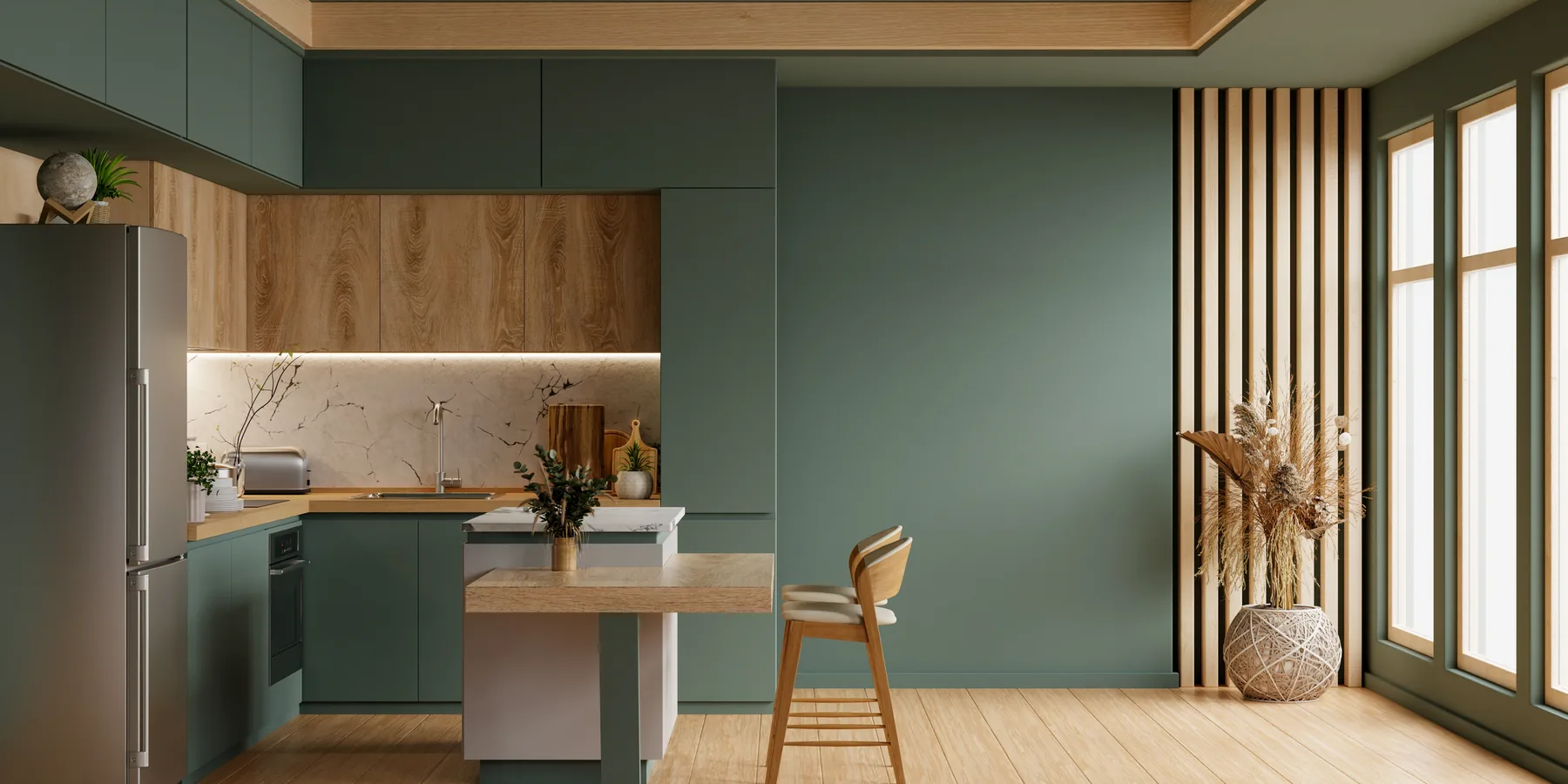 Teal timber flat pack kitchen
