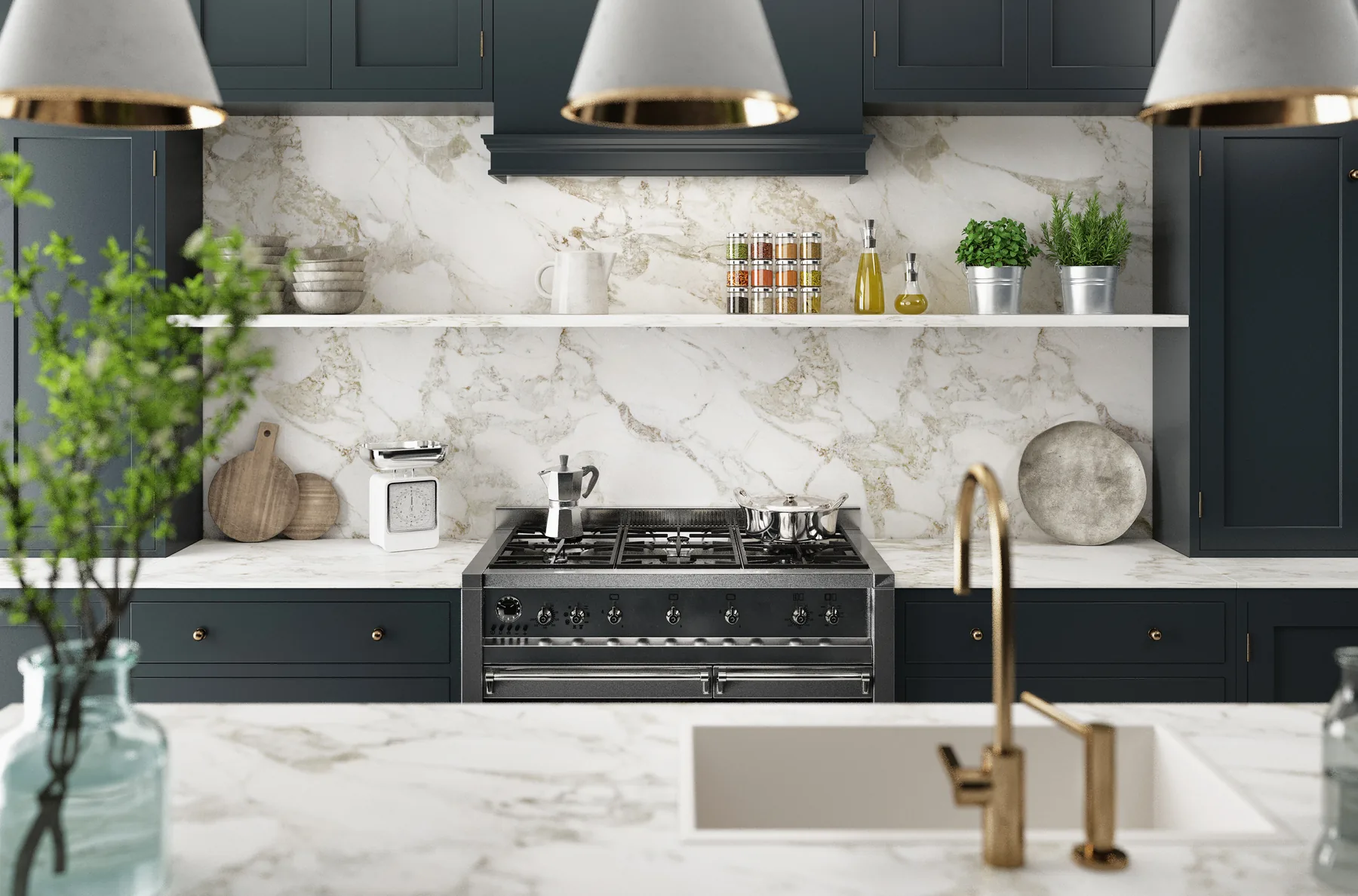 Charcoal and marble kitchen