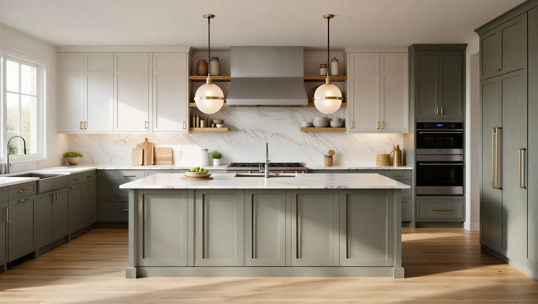 Sage painted island kitchen