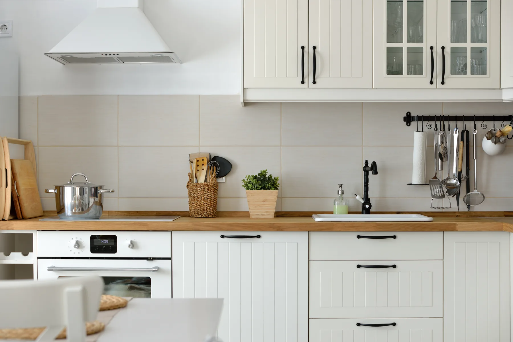 White and timber cottage kitchen